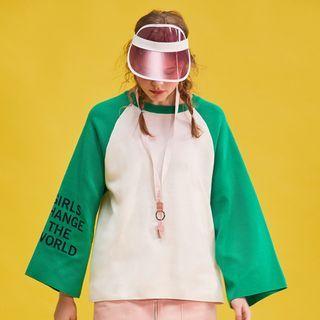 Raglan-sleeve Letter-printed Two-tone Knit Top Green - One Size