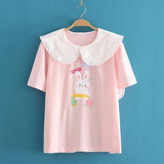 Collared Rabbit Print T-shirt