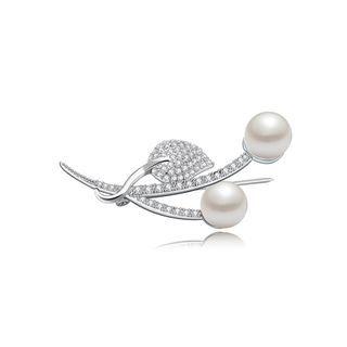 Simple And Elegant Floral Imitation Pearl Brooch With Cubic Zirconia Silver - One Size