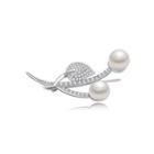 Simple And Elegant Floral Imitation Pearl Brooch With Cubic Zirconia Silver - One Size
