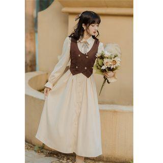 Set: Long-sleeve Collared Midi A-line Dress + Double-breasted Vest