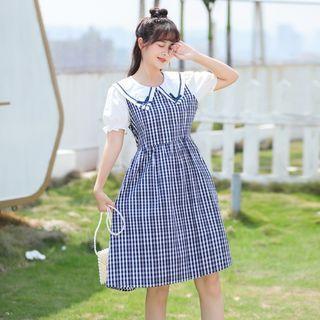 Puff-sleeve Collar Plaid Panel A-line Dress