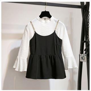 Set: Elbow-sleeve Blouse + Chain Strap Camisole Top + Cropped Wide-leg Pants