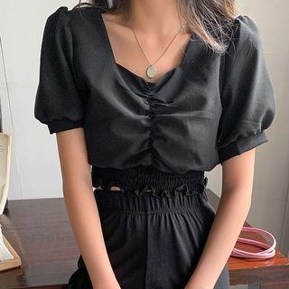 Shirred Smocked-hem Crop Top