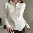 Asymmetric-hem Zip-up Rib-knit Top