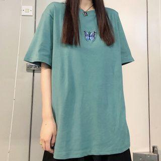 Embroidered Short-sleeve T-shirt Green Gray - One Size