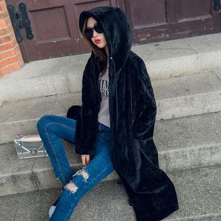Velvet Hooded Zip-up Long Coat
