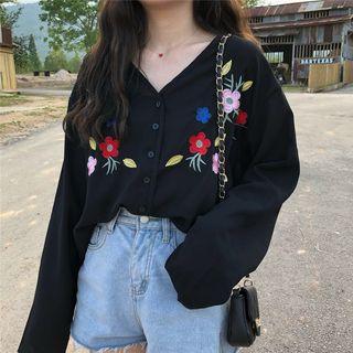 Flower Embroidered V-neck Long Sleeve Blouse
