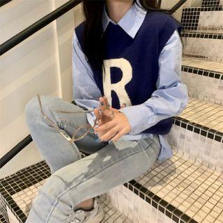 Printed Knit Vest / Long-sleeve Plain Shirt