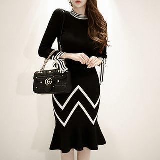 Tie-sleeve Contrast-trim Knit Top
