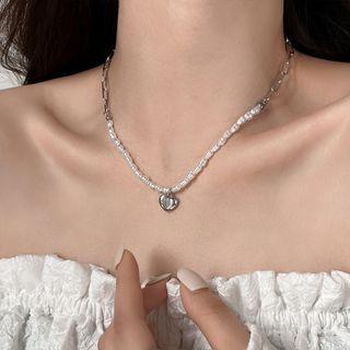 Faux Cat Eye Stone Pendant Faux Pearl Necklace Necklace - Faux Pearl Love Heart - Silver & White - One Size