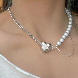 Faux Pearl Heart Necklace 1786a# - Silver & White - One Size