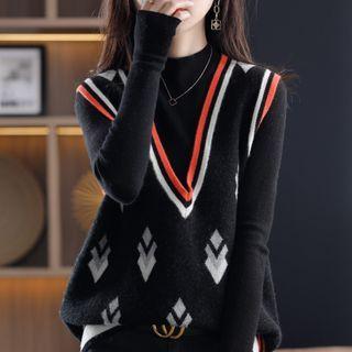 Mock Two-piece Patterned Sweater Black - One Size