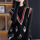 Mock Two-piece Patterned Sweater Black - One Size