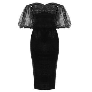 Puff-sleeve Mesh Panel Midi Bodycon Dress