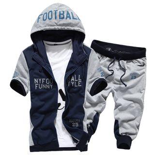 Set: Colour Block Letter Hooded Short-sleeve Jacket + Sweatpants
