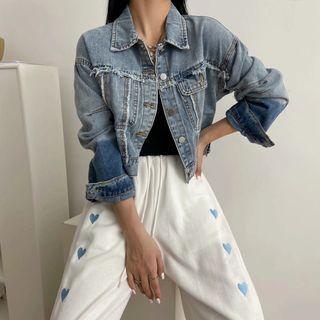 Panel Fluffy-trim Cropped Denim Jacket
