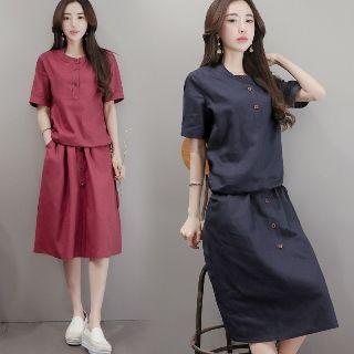 Set: Short-sleeve Top + Buttoned Skirt