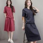 Set: Short-sleeve Top + Buttoned Skirt