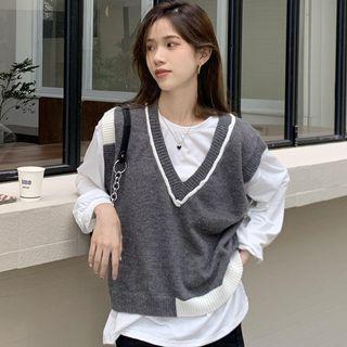 Contrast Trim Sweater Vest / Long-sleeve Plain T-shirt