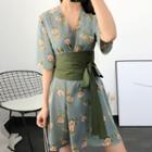 Floral Print Short-sleeve Dress With Belt
