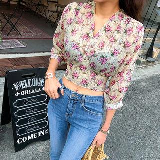 Floral Chiffon Cropped Wrap Blouse