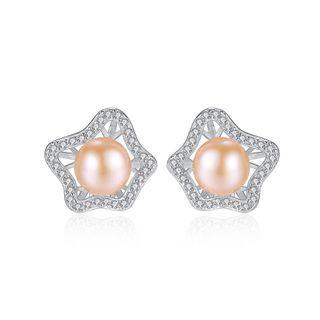 Sterling Silver Fashion And Elegant Hollow Flower Earrings With Pink Freshwater Pearls And Cubic Zirconia Silver - One Size