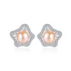 Sterling Silver Fashion And Elegant Hollow Flower Earrings With Pink Freshwater Pearls And Cubic Zirconia Silver - One Size