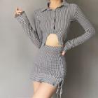 Long-sleeve Collared Crop Top / Ruffle Hem Mini Pencil Skirt