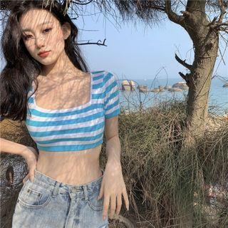 Short-sleeve Square-neck Striped Cropped T-shirt Stripes - Blue & White - One Size
