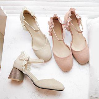Block Heel Ruffle Trim Sandals