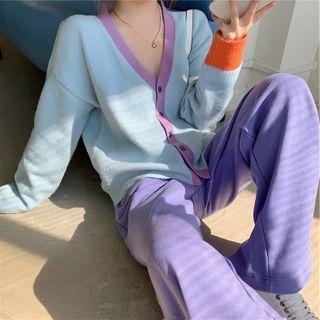 Contrast Trim Cardigan / Drawstring Wide-leg Pants