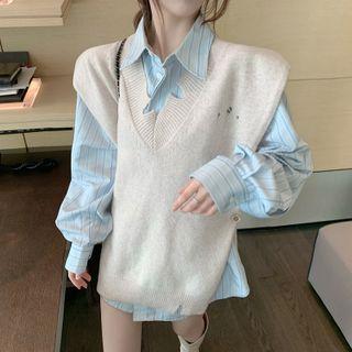 Striped Shirt / Distressed Sweater Vest