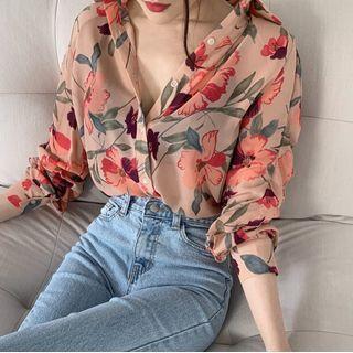 Long-sleeve Floral Print Chiffon Blouse Top