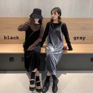 Long-sleeve Plain T-shirt / Spaghetti Strap Velvet Midi Dress