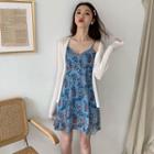 Floral Print Spaghetti Strap Dress / Open Front Light Cardigan