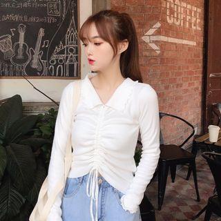 Collared Drawstring Long-sleeve Blouse