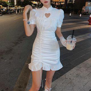 Short-sleeve Heart Cutout Drawstring Frill Trim Mini Mermaid Qipao Dress