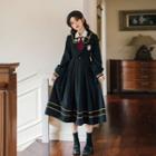 Long-sleeve Logo Embroidered Midi A-line Dress / Plain Shirt / Tie / Set