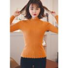 Mock-neck Scalloped Rib-knit Top