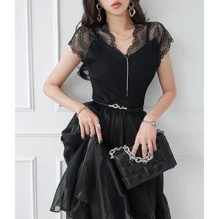 Cap-sleeve Lace-yoke Top