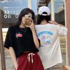 Elbow-sleeve Cherry Print T-shirt