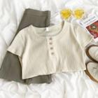 Short-sleeve Plain Top / High-waist Pleated Mini Skirt