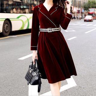 Piped Long-sleeve A-line Velvet Dress
