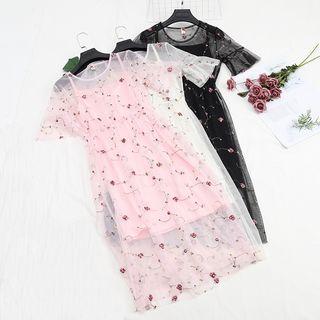 Set Of 2: Spaghetti Strap Dress + Mesh Short-sleeve Embroidered A-line Dress