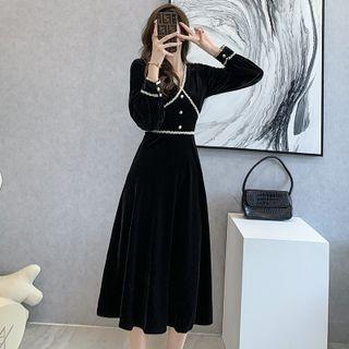 Long-sleeve V-neck Contrast Trim Velvet A-line Dress