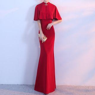 Cape-sleeve Plain Evening Gown