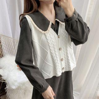 Set: Collared Long-sleeve Midi A-line Dress + Cable Knit Vest