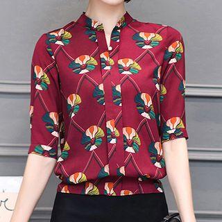 Printed Elbow Sleeve Split Neck Shirt