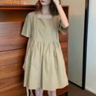 Short-sleeve Square Collar Plain Mini Dress